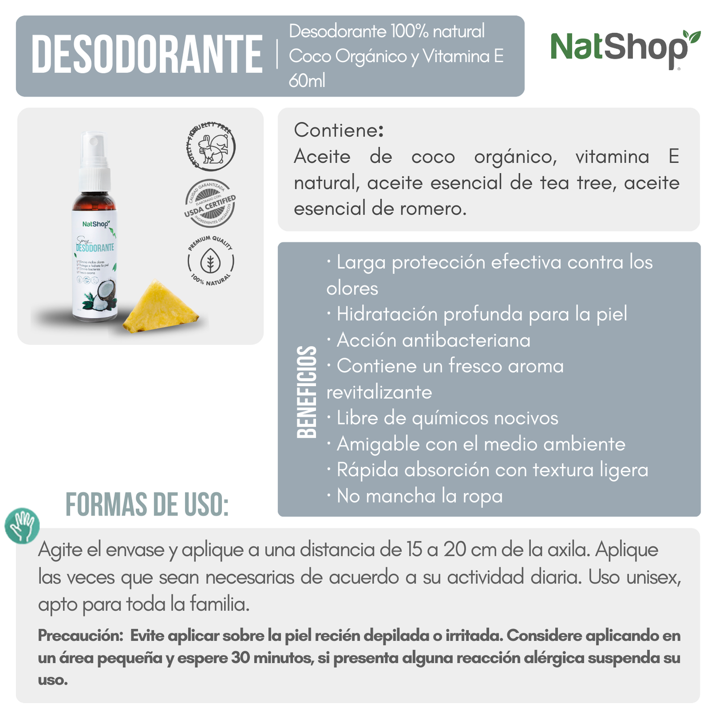 Desodorante 100% natural - Coco Orgánico y Vitamina E 60ml