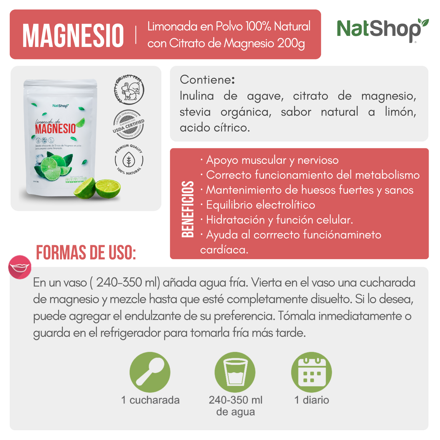 Limonada en Polvo 100% Natural con Citrato de Magnesio 200g